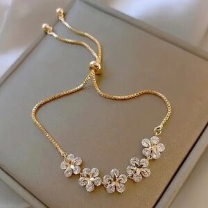 💛 NEW Gold 18k Adjustable Flower Beads Chain Luxury Elegant Floral Bracelet